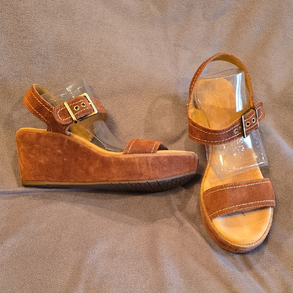 Clarks Brown Suede Platform Wedge Sandals